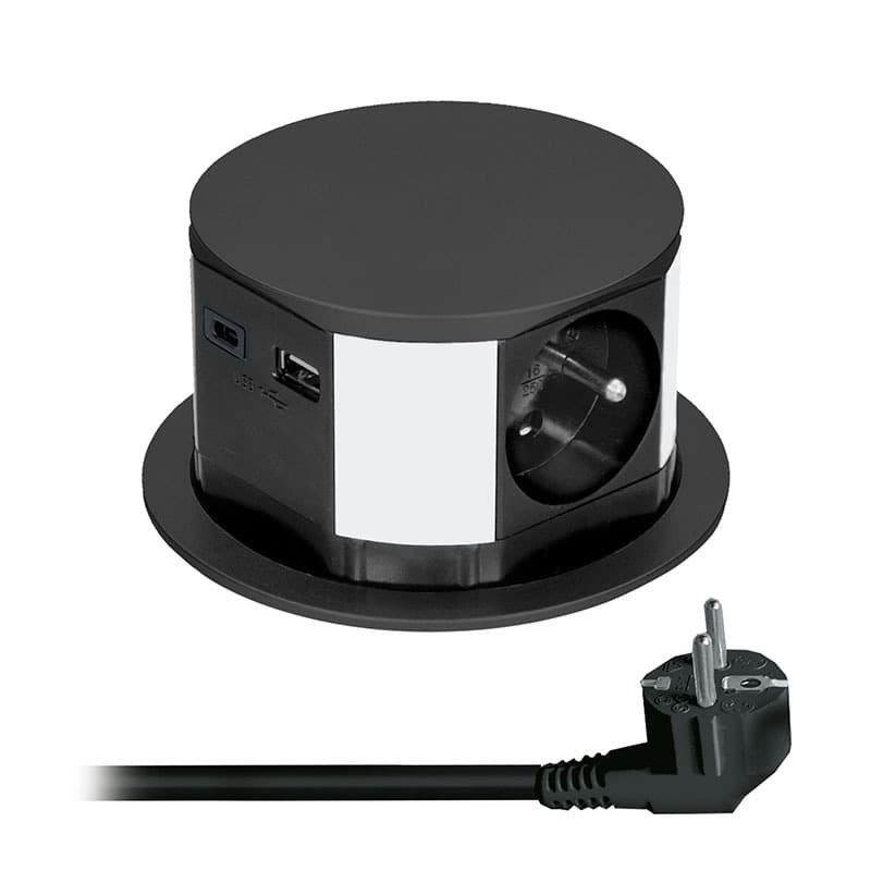 Solight výsuvný blok zásuviek, 3 x 16 A + USB A+C 20W PD, kabel 2m, čierny (Solight)
