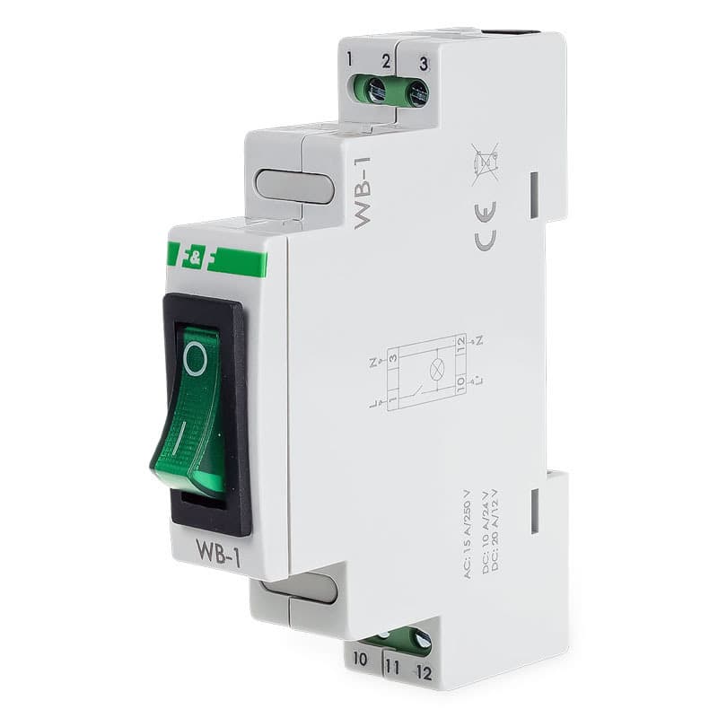 Vypínač na DIN lištu s LED, zelený, 230V, 16A