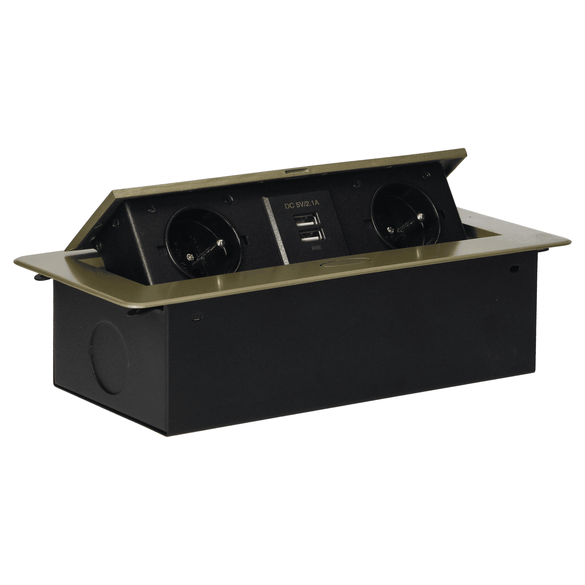 Recessed furniture sockets in a housing with a flat edge and USB charger, 2x2P+E (Schuko),