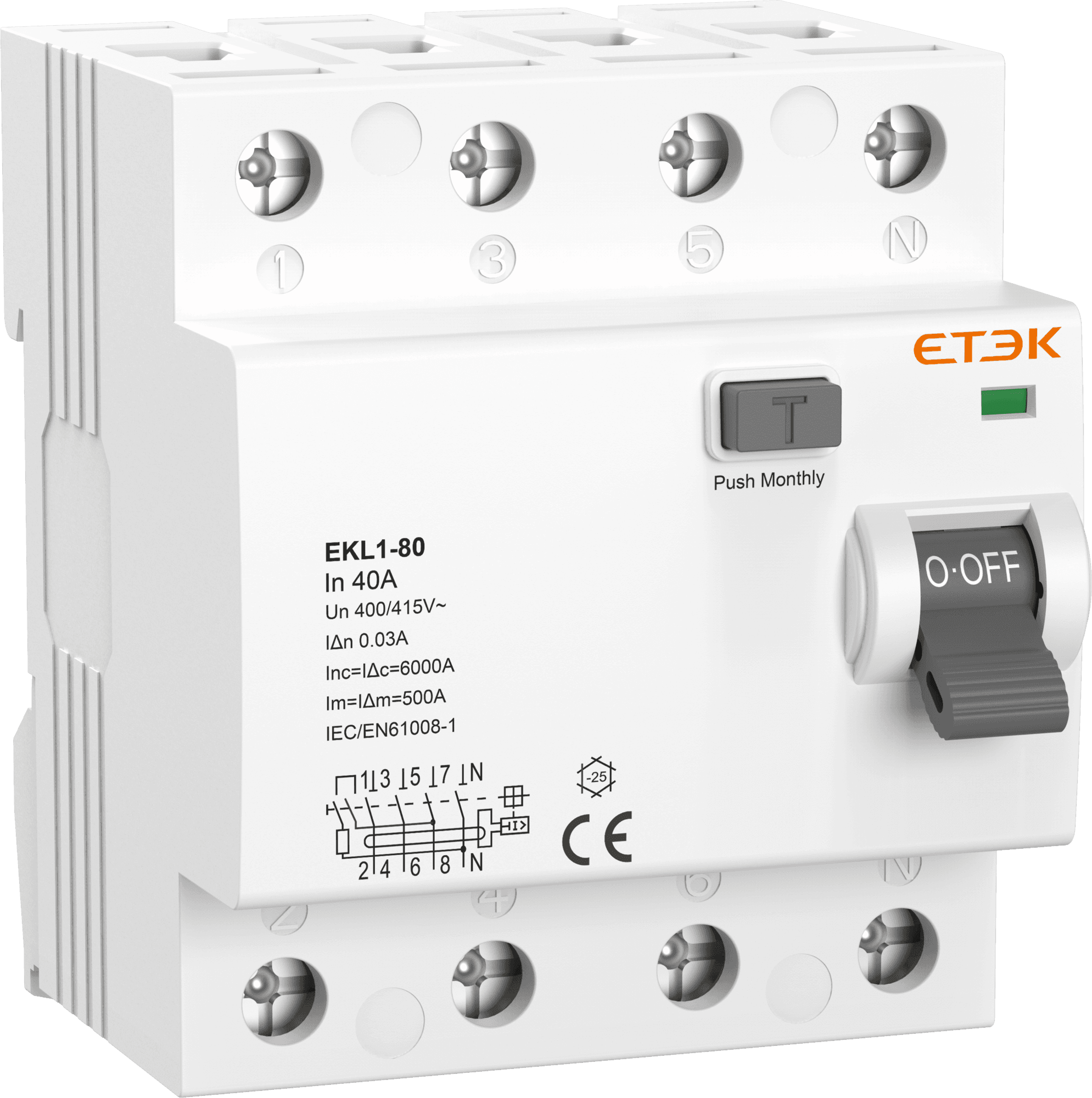 Prúdový chránič 3P+N 40A 6KA 30mA Typ A EKL1-80-3N4030A (ETEK)
