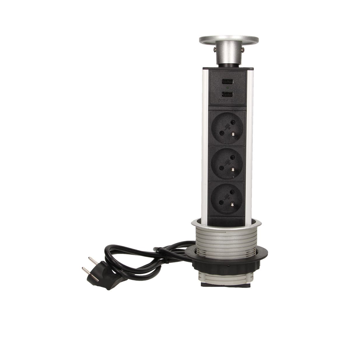 Nábytková výsuvná zásuvka 3x230V + 2xUSB okrúhla 8cm strieborná - 1,8m kábel (ORNO)