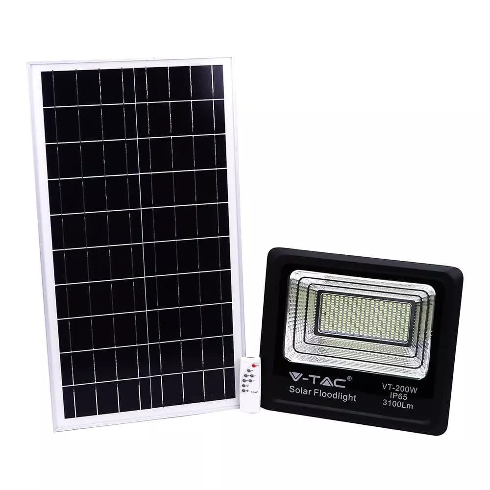 Reflektor LED solárny 40W, 6000K, 3100lm, komplet sada s panelom, čierny VT-200W (V-TAC)