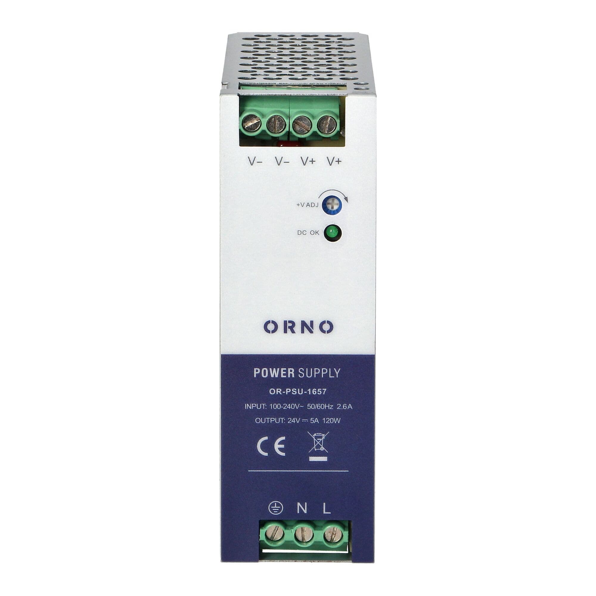 Priemyselný zdroj na DIN lištu, 24VDC, 5A, 120W, kovové puzdro (ORNO)