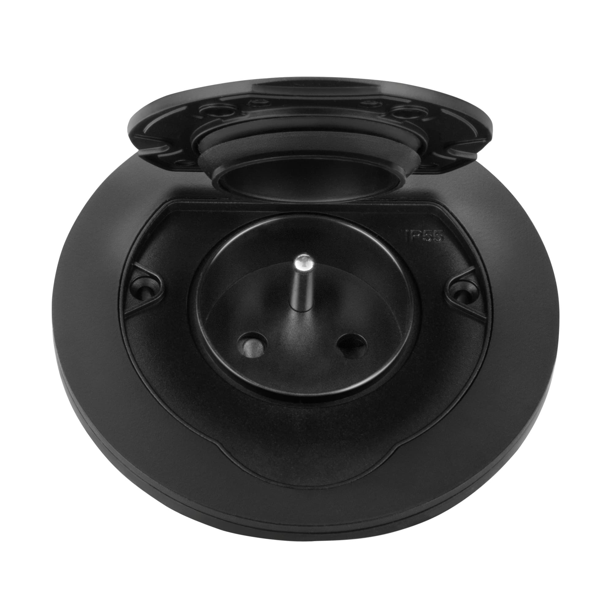 Hermetic, flush-fitting socket, round, IP55, 1x2P+E(French), black