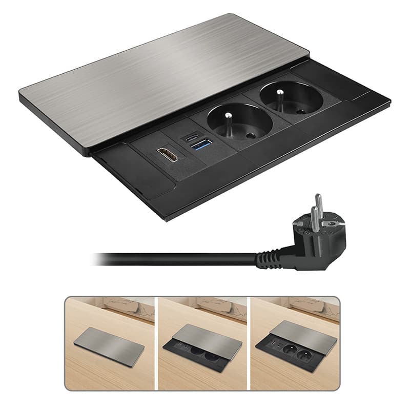 Solight vestavný blok zásuviek s posuvným krytom, 2 zásuvky, HDMI, USB A+C 20W PD, 2m, str
