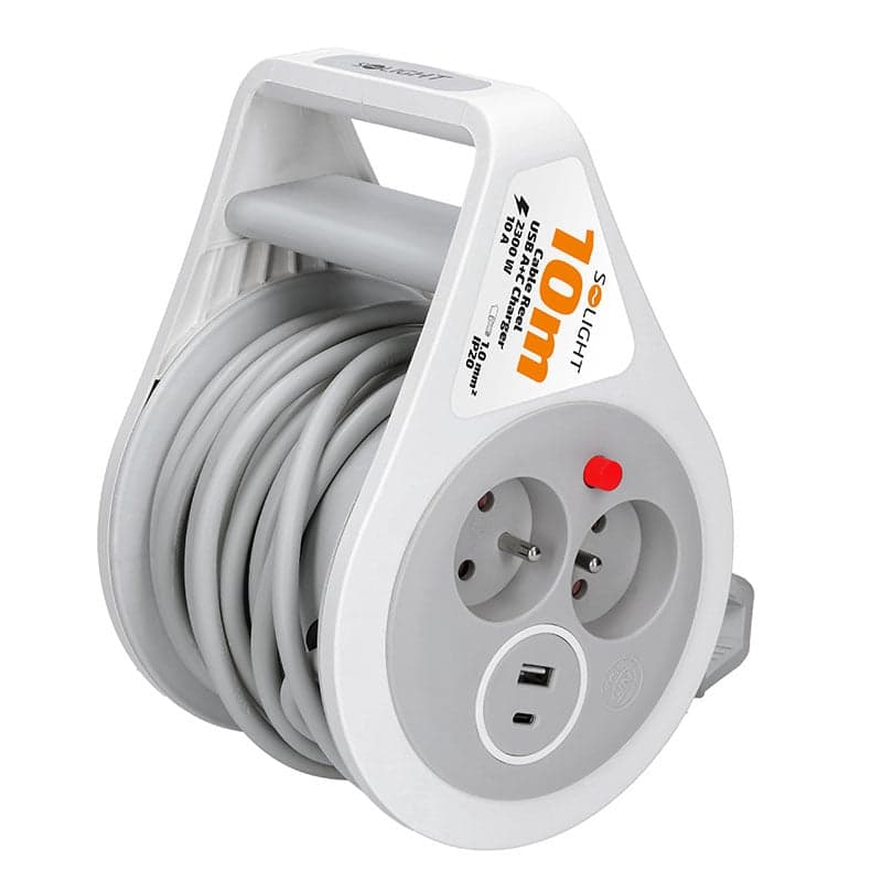 Solight predlžovací prívod na bubne 10m, USB A+C, 2 zásuvky, sivý kábel, 3x 1,0mm2 (Soligh