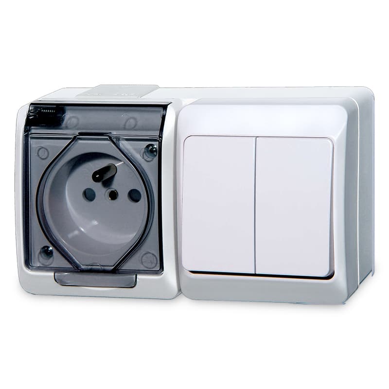 Zásuvka + dvojvypínač č.5, 250V, 16A/10A, IP44, biela