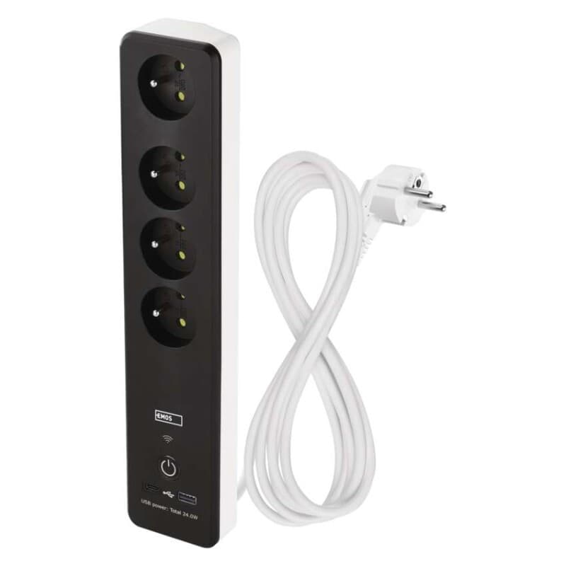 GoSmart predlžovací kábel 2 m / 4 zásuvky / s vyp. / s USB / biely-čierny / PVC / 1,5 mm2