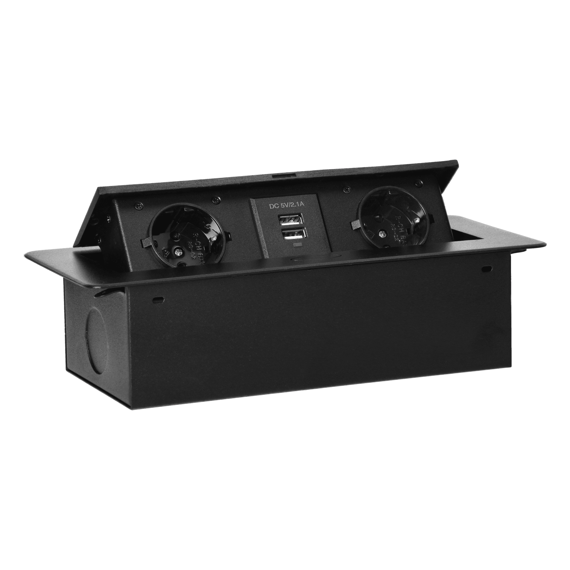 Zapustené nábytkové zásuvky v kryte s okrajom a USB, 2x2P+E (Schuko), 2xUSB, čierne