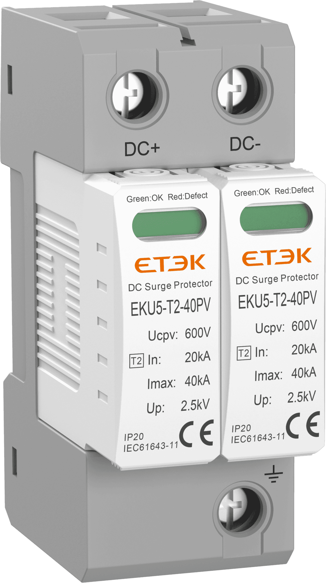 Prepäťová ochrana C, T2 2P 600V DC 15/40kA EKU5-T2-40PV-2M600 (ETEK)