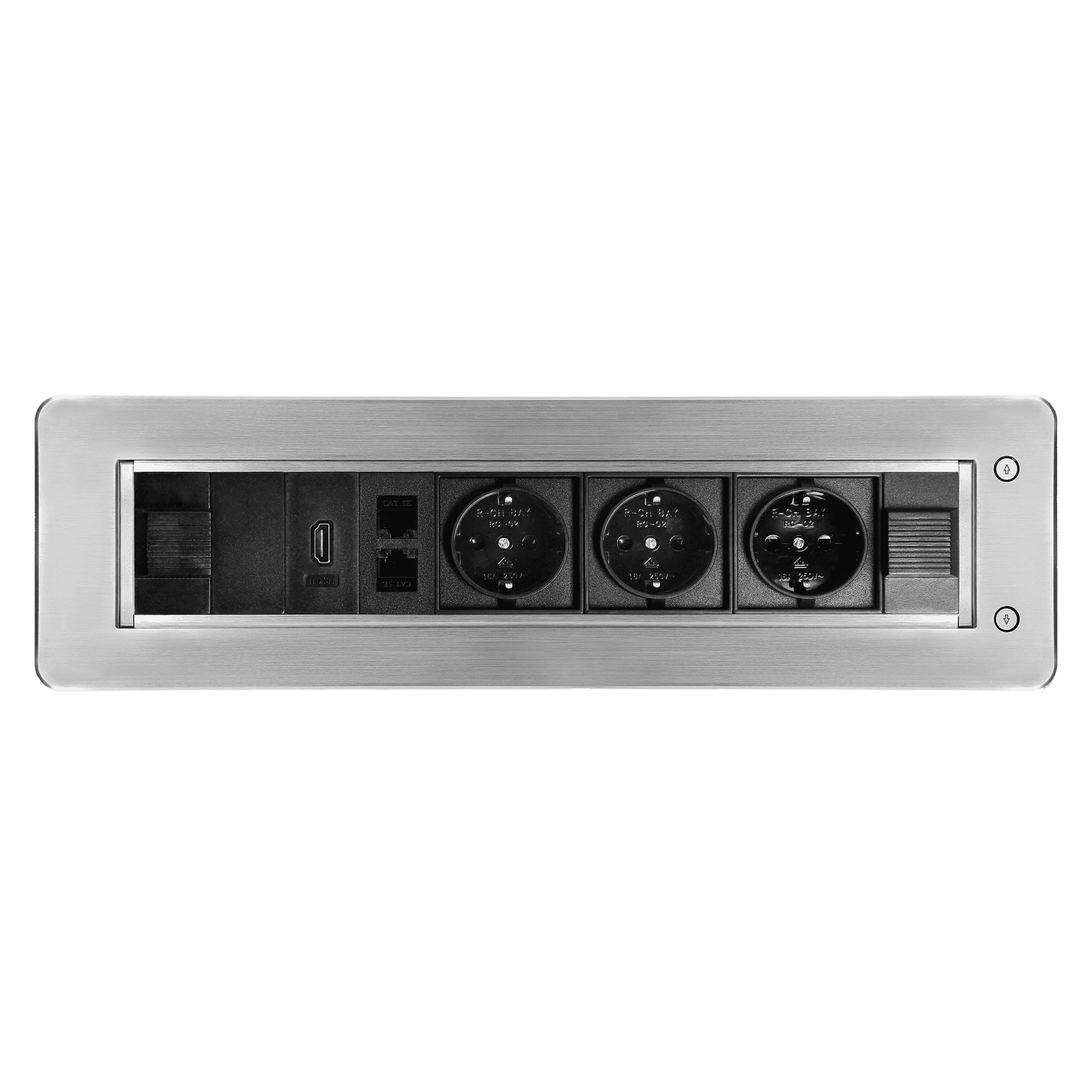 Zapustené stolové zásuvky s plochým frézovaným okrajom, 3x2P+E (Schuko), 2xNET,1xHDMI, str