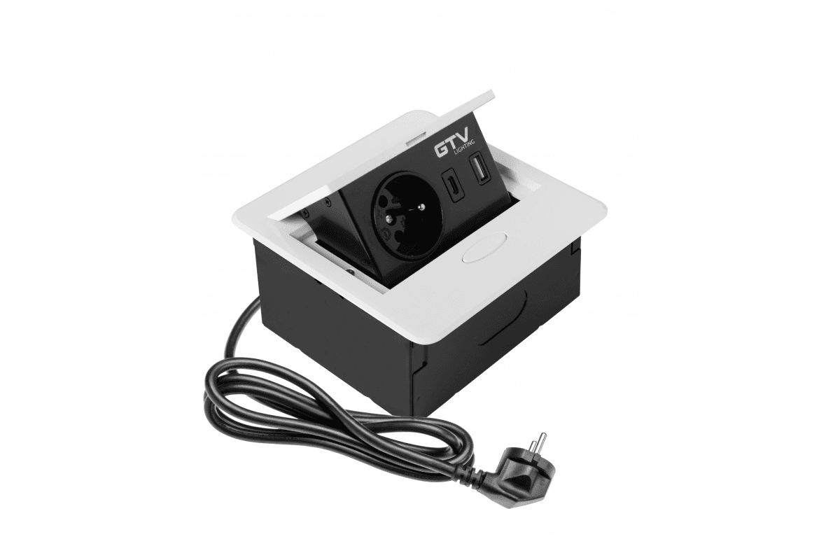 Nábytková zásuvka výsuvná, 1x230V+2xUSB A+C, 1,5m prívodný kábel, biela (GTV)