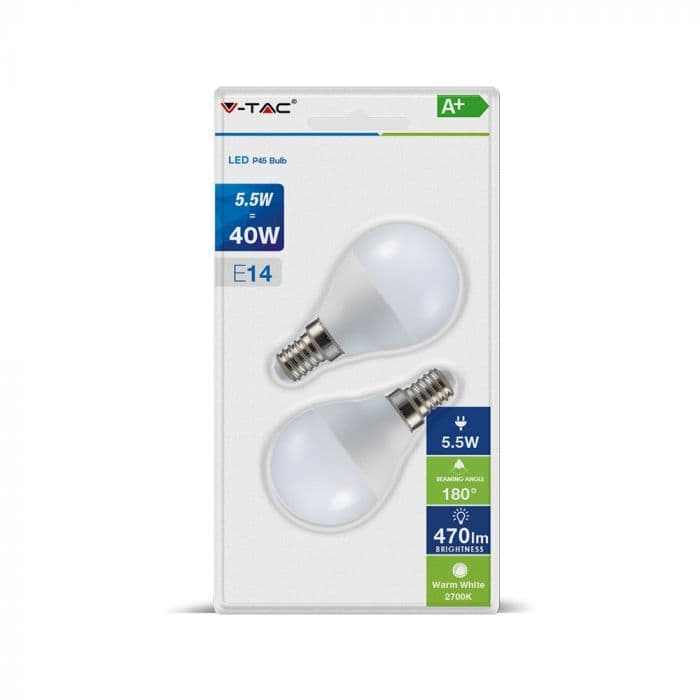 Žiarovka LED E14 5,5W, 4000K, 470lm, 2-balenie, P45 VT-2146 (V-TAC)