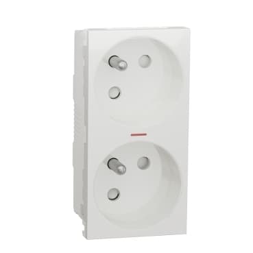 Unica - Zásuvka dvojitá 45o 250V/16A 2x2P+E kontrolka, clonky, bezskrútková, Biela