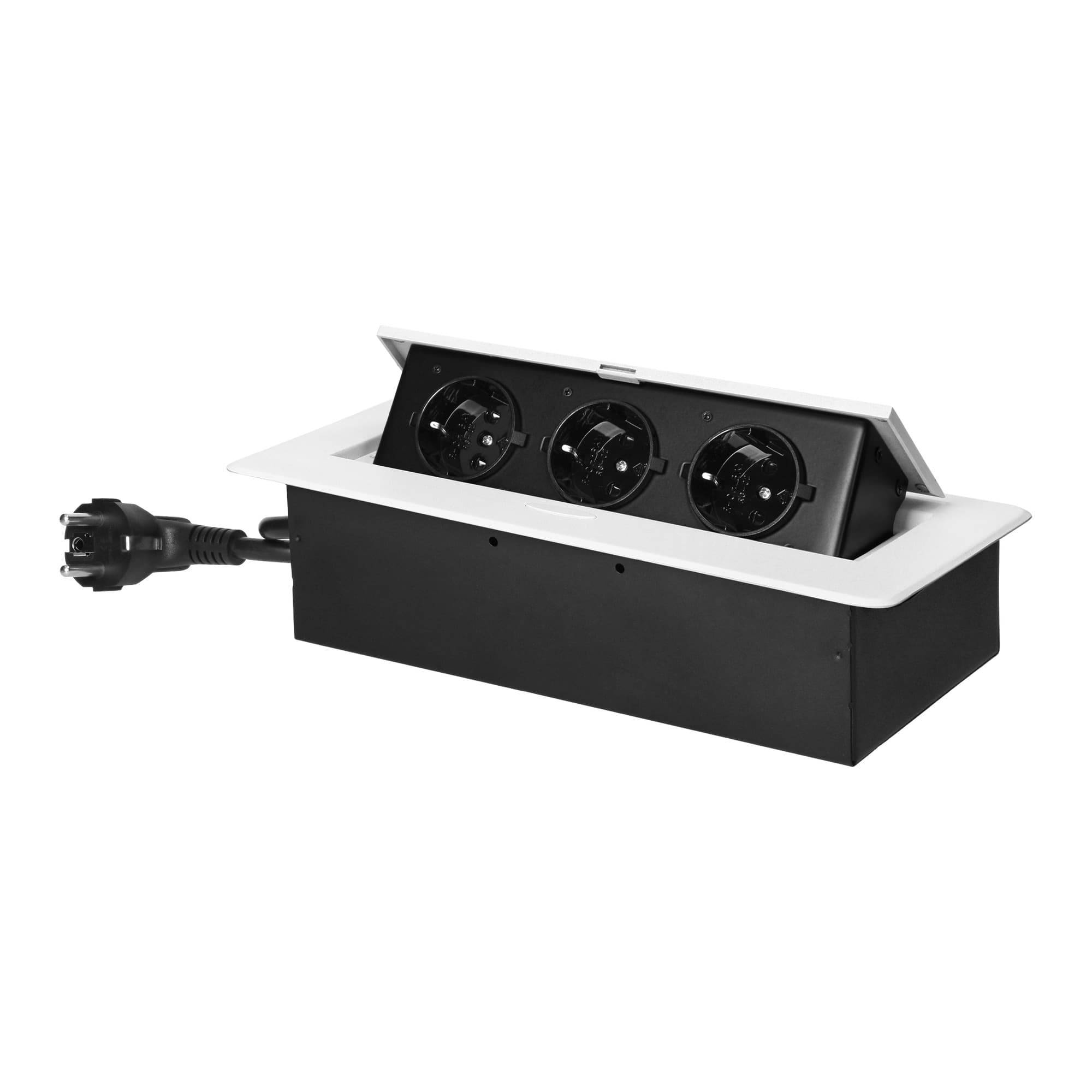 Recessed furniture socket with flat milled edge and 1.5 m cable, 3x2P+E (Schuko), white