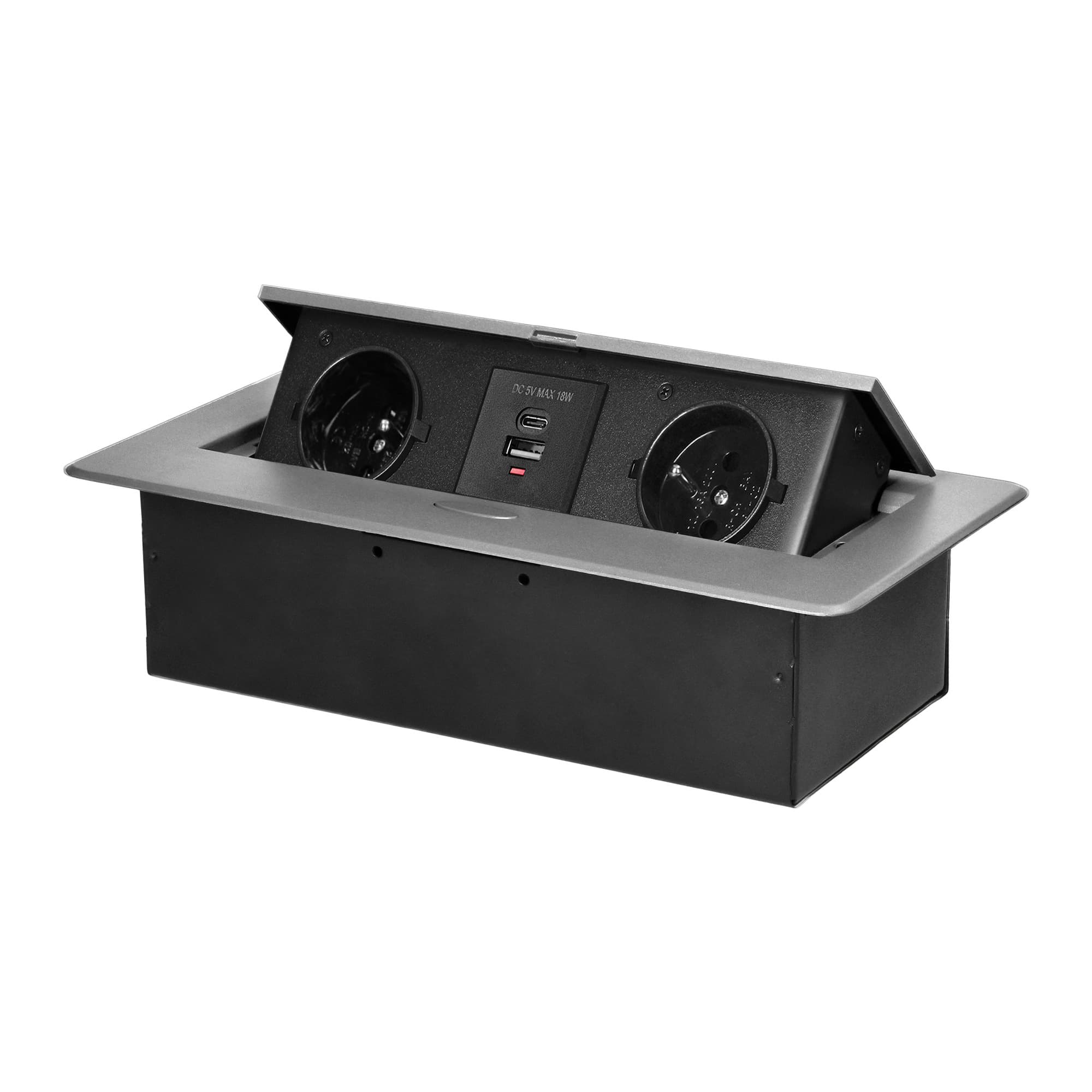 Recessed furniture socket with flat milled edge and USB charger, 2x2P+E, 2xUSB (type A+C;