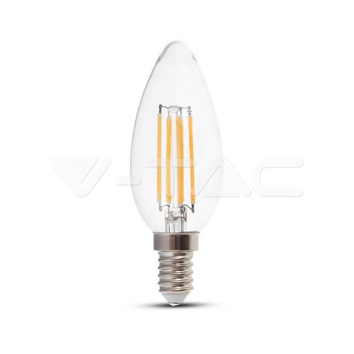 LED žiarovka - 4W vlákno E14 priehľadná krycia sviečka stmievateľná 3000K 400lm VT-2304D (