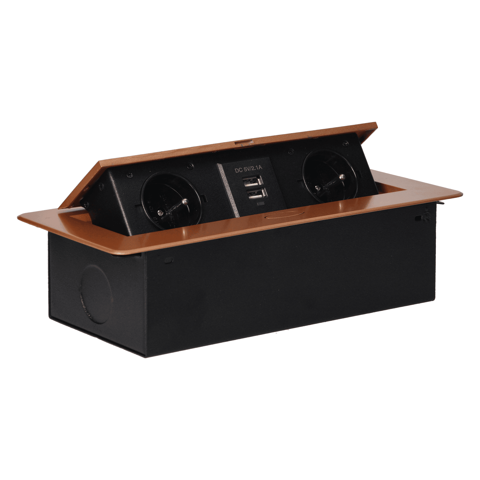 Zapustené nábytkové zásuvky v kryte s okrajom a USB nabíjačkou, 2x2P+E, 2xUSB, zlatá