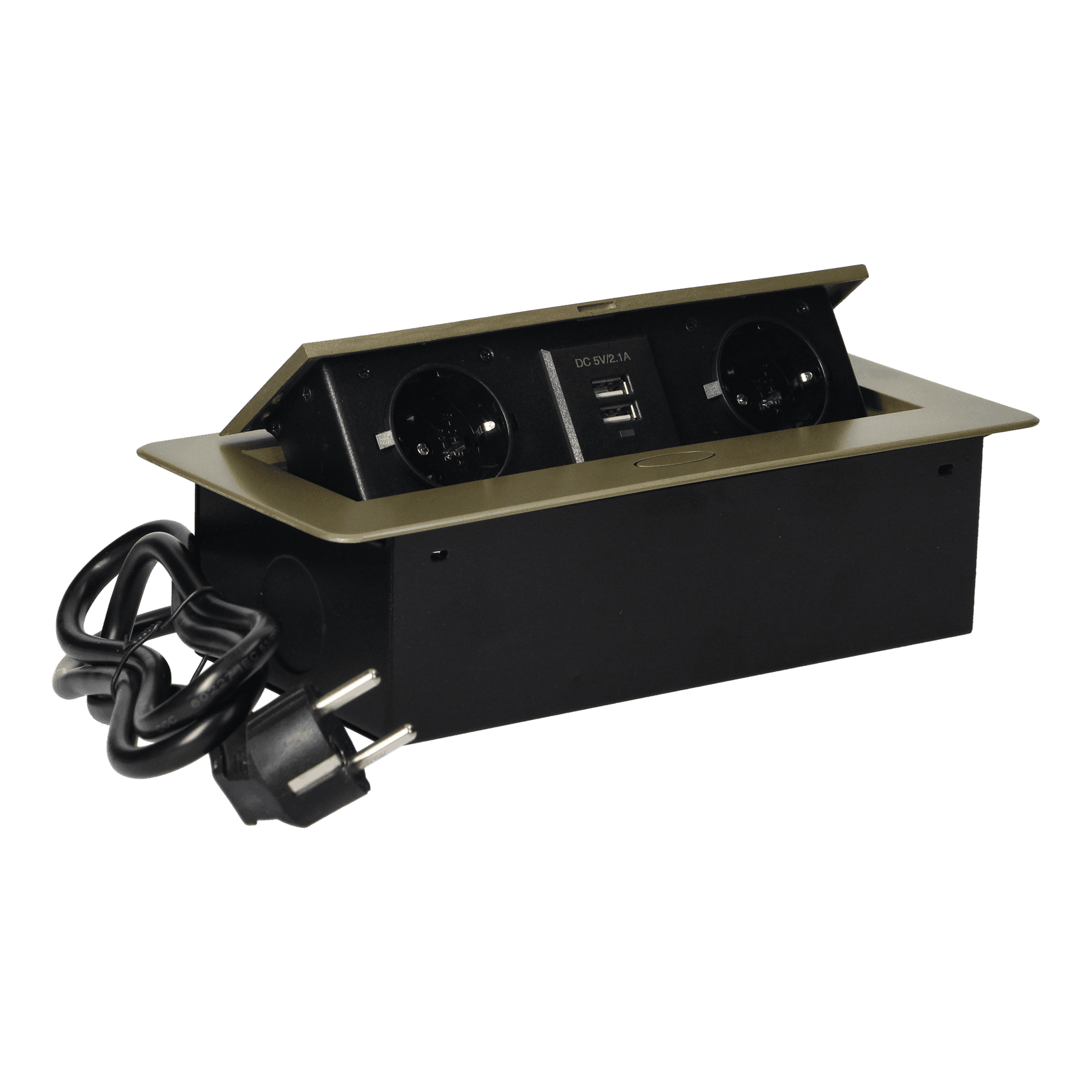Zapustené nábytkové zásuvky v kryte s okrajom, USB a káblom 1,5 m, 2x2P+E, 2xUSB, mosadz