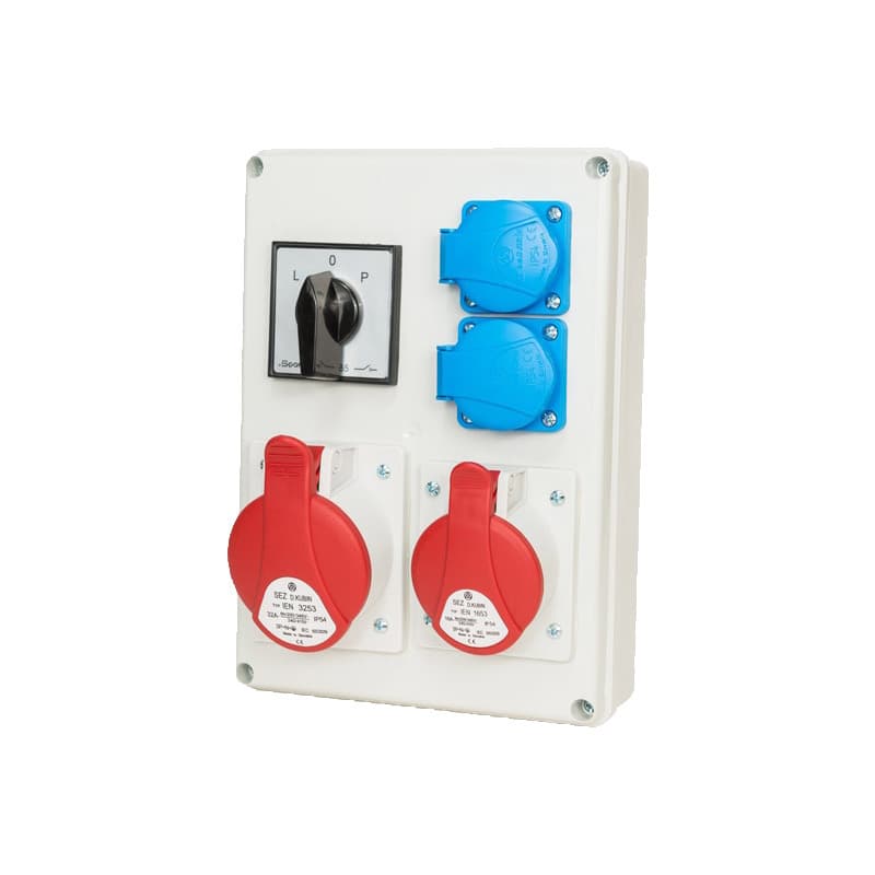 Distribution boxes 1x16A/5P, 1x32A/5P, 2x230V, TVM 21, IP44, switch. L-0-P