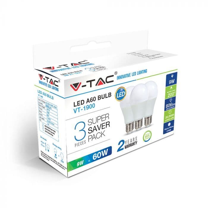 Žiarovka LED E27 8,5W, 3000K, 806lm, 3-balenie, A60 VT-1900 (V-TAC)