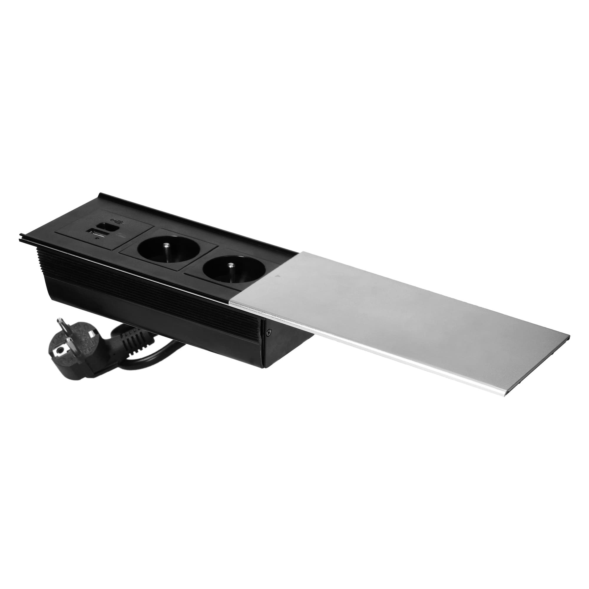 Furniture socket with sliding cover and 1.8m cable, 2x2P+E (French), 2xUSB (type A+C; 4.2A