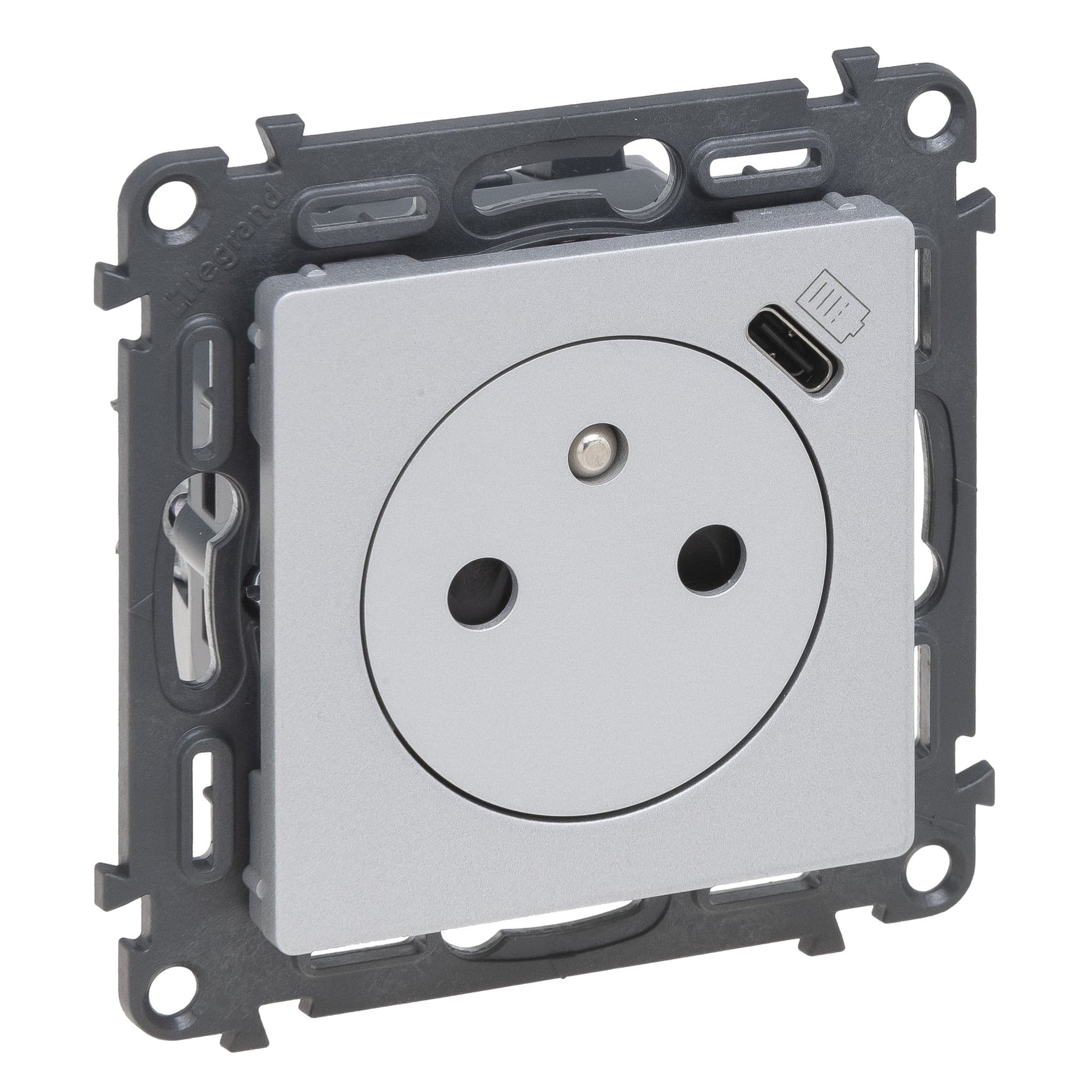 Zásuvka 2P+T/16A/250V + nabíjačka 1xUSB 1A/5V DC hliník Valena Life (Legrand)