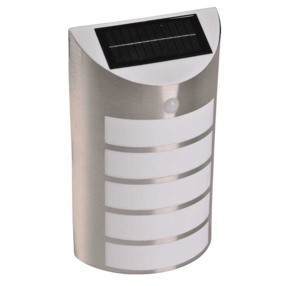 SAFFO chróm/biela 6000K studená LED solárna fasádna lampa so senzorom pohybu GOLDLUX (Polux)