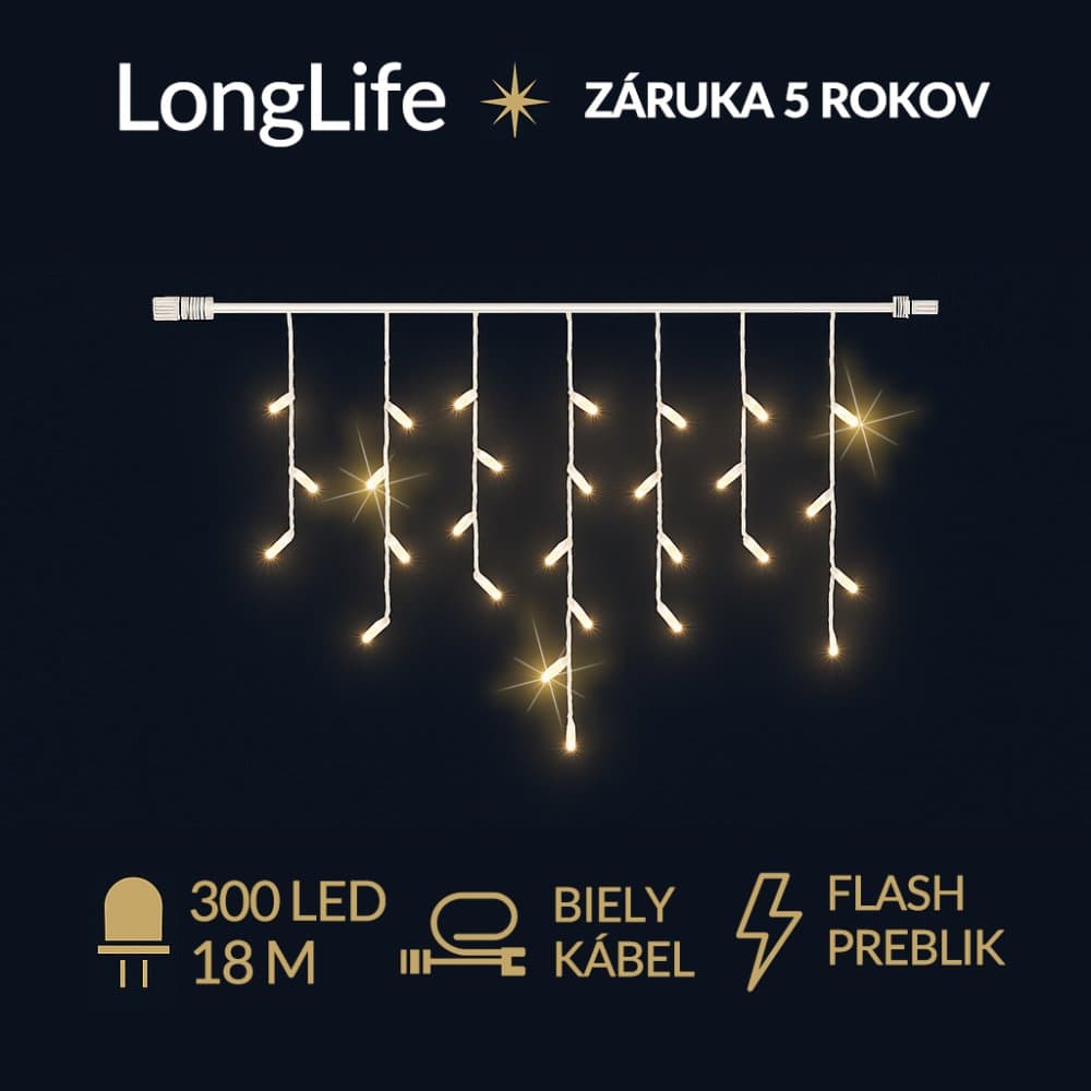 LongLife led svetelná záclona vonkajšia flash - 300led - 18m teplá biela / flash prebliknutie teplá biela - biely kábel
