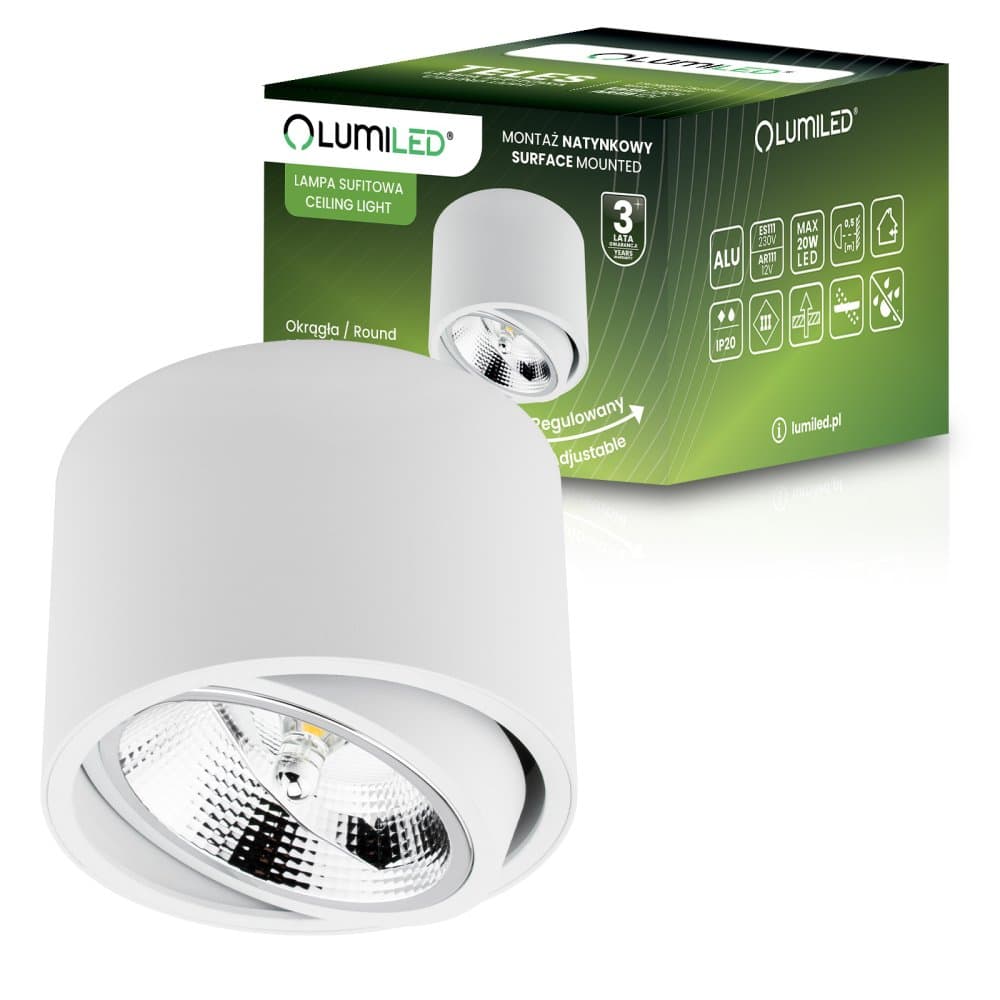 Nástenné svietidlo halogénové spot tuba pohyblivé GU10 ES111 okrúhle biele 100mm TELES LUMILED