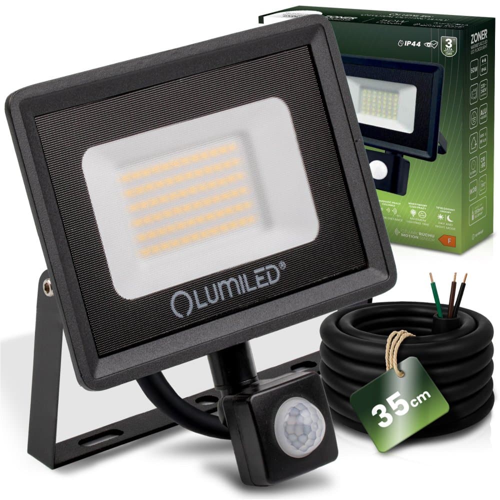 LED reflektor ZONER 50W 5000LM 4000K IP44 čierny so senzorom pohybu LUMILED