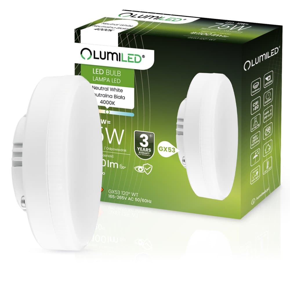 LED žiarovka GX53 12W = 75W 1100lm 4000K Neutral 120° LUMILED