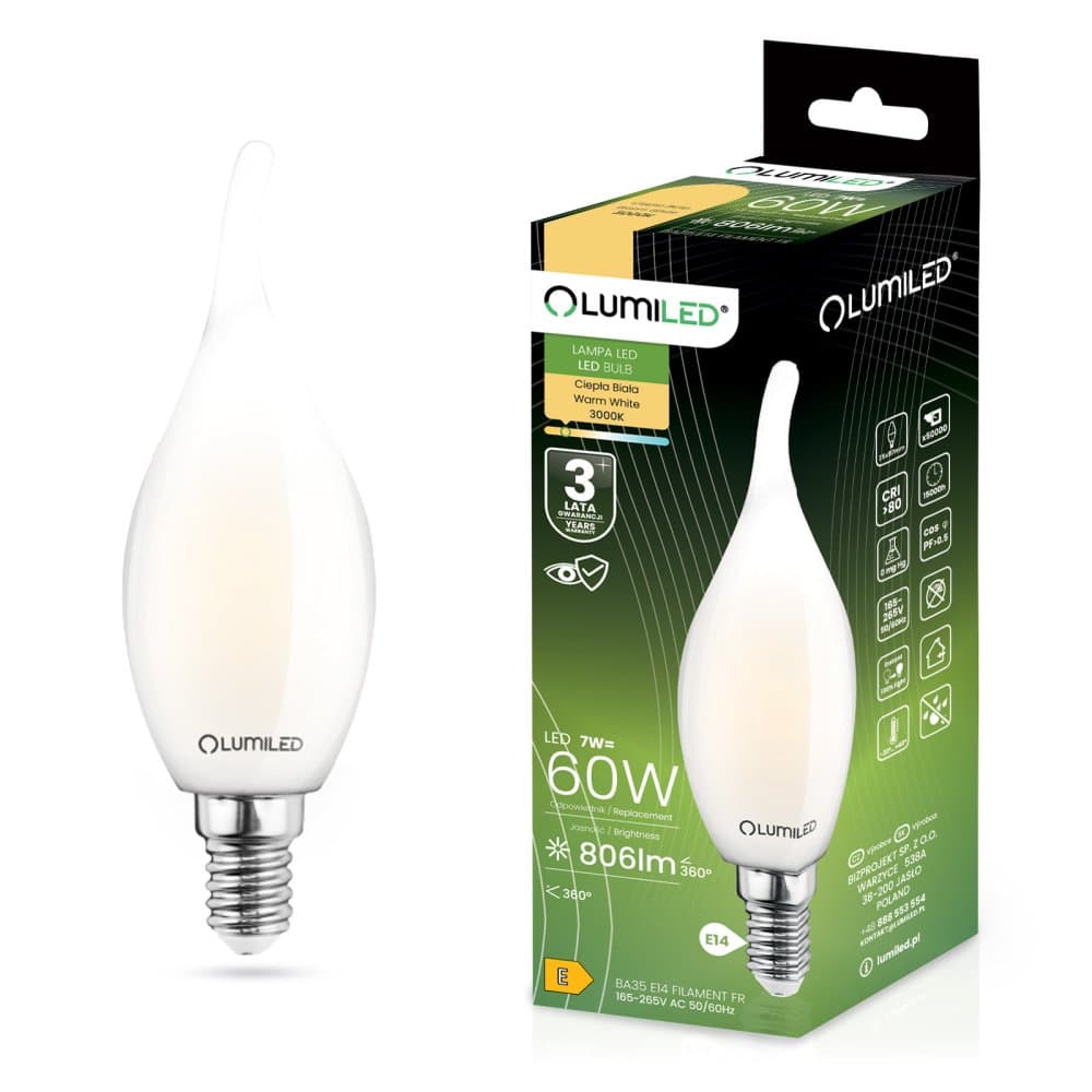 Žiarovka LED E14 Sviečka BA35 7W = 60W 806lm 3000K teplá 360° LUMILED