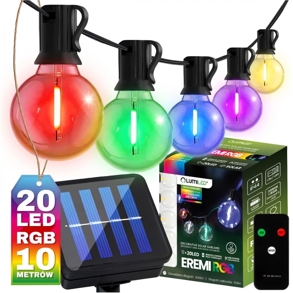 Solárna záhradná girlanda 20x LED dekoratívne žiarovky G50 10,6 m 3000K RGB + diaľkové ovládanie EREMI LUMILED