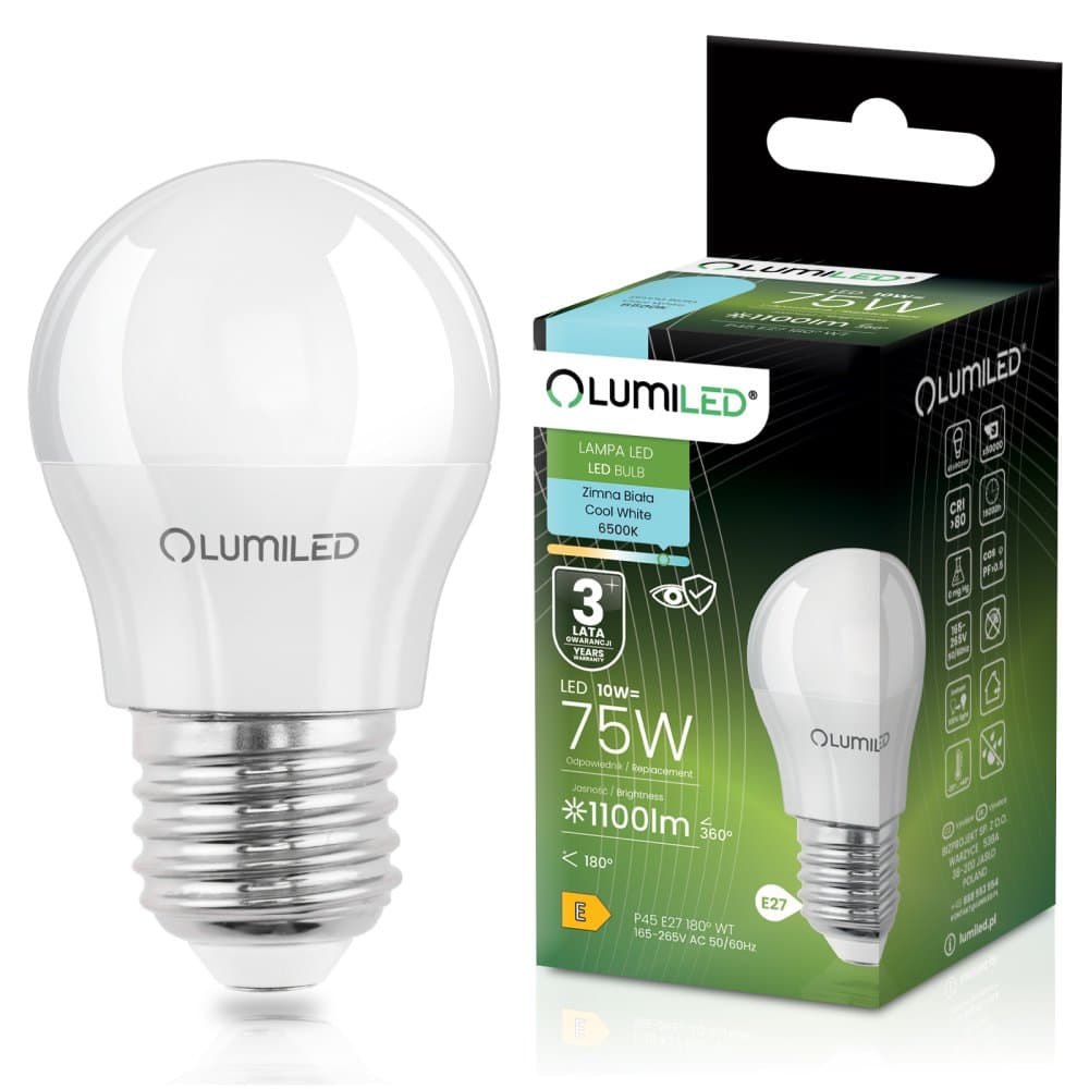 LED žiarovka E27 guľa P45 10W = 75W 1100lm 6500K studená 180° LUMILED