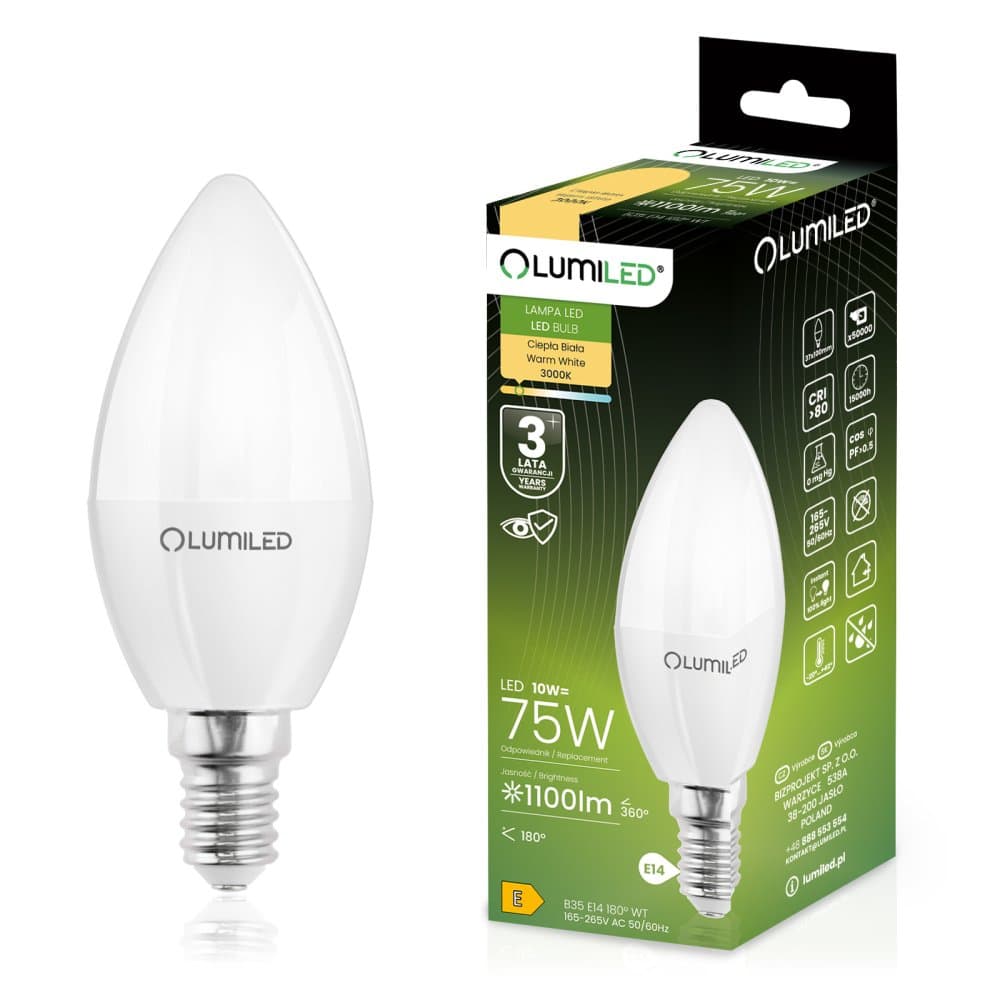 LED žiarovka E14 sviečka B35 10W = 75W 1100lm 3000K teplá 180° LUMILED