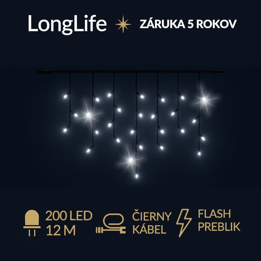 LongLife led svetelná záclona vonkajšia flash - 200led - 12m studená biela / flash prebliknutie studená biela - čierny kábel