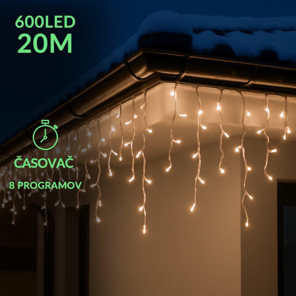 Vianočná led svetelná záclona vonkajšia - programy - časovač - 600led - 20m teplá biela