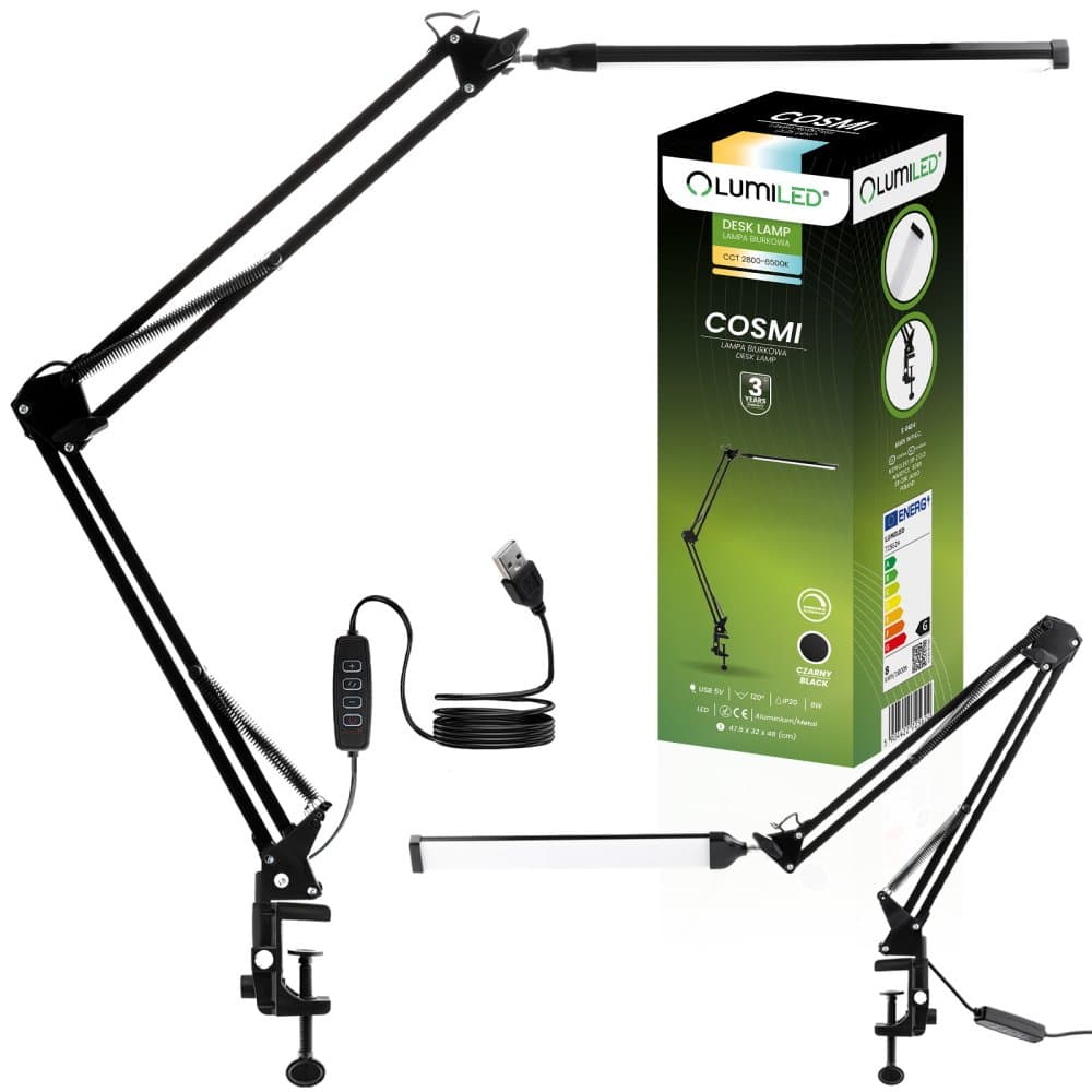 Stolová kresliarska LED lampa 8W CCT USB stmievateľná COSMI čierna Lumiled