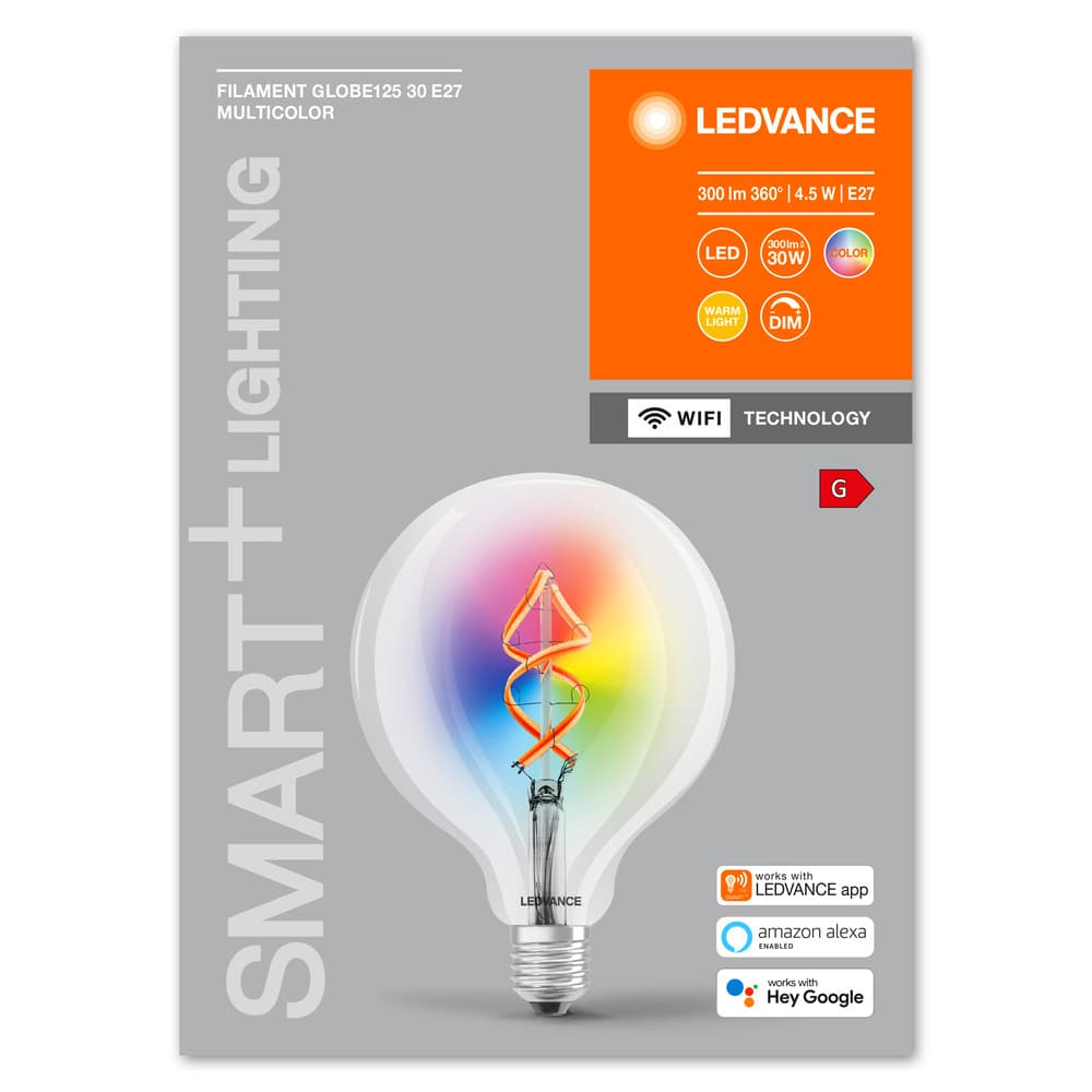 LED žiarovka E27 G125 4,5W = 30W 2700K Warm RGB 300lm 300° Filament LEDVANCE SMART+ WIFI Dimmable