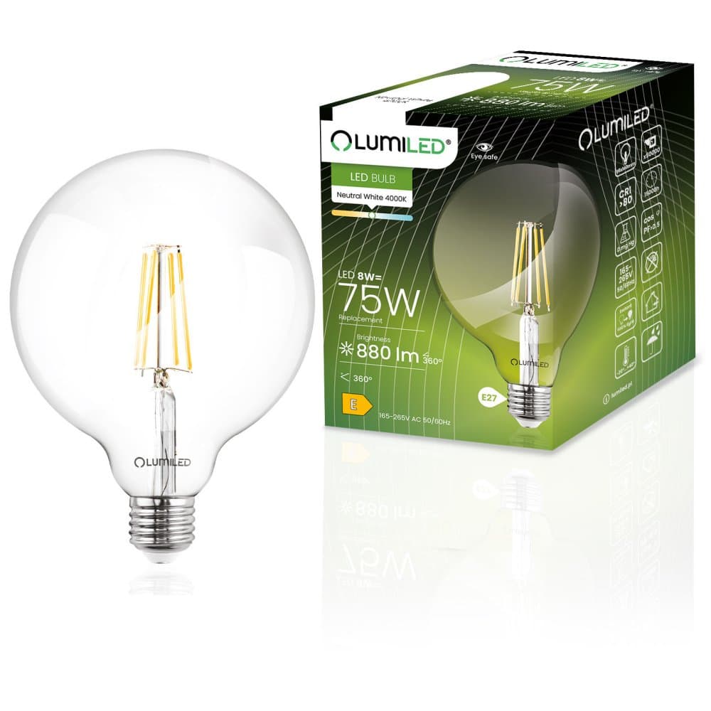 LED žiarovka E27 guľa G95 8W = 75W 880lm 4000K neutrálna 360° FILAMENT Lumiled