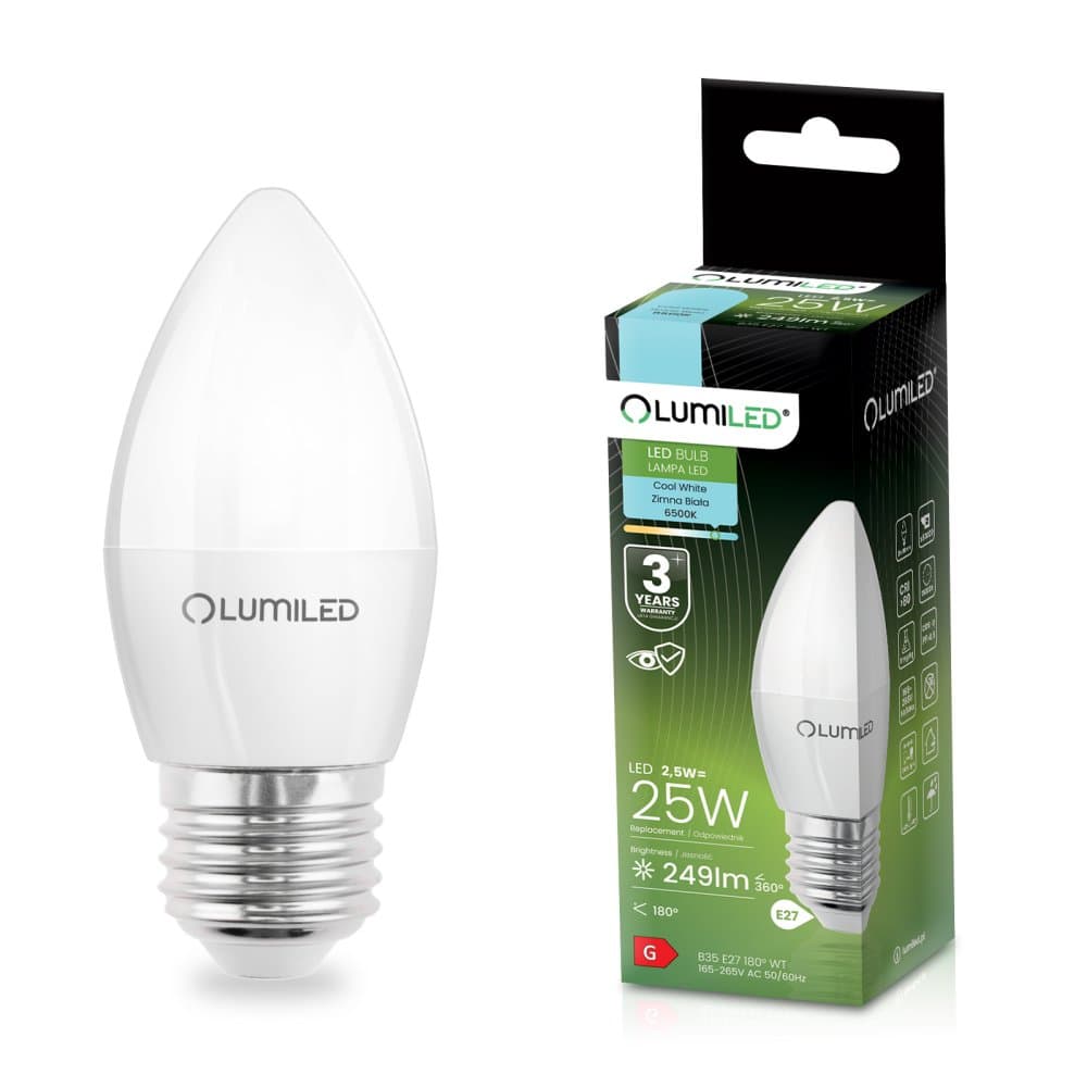 LED žiarovka E27 B35 2,5W = 25W 249lm 6500K Cold 180° LUMILED