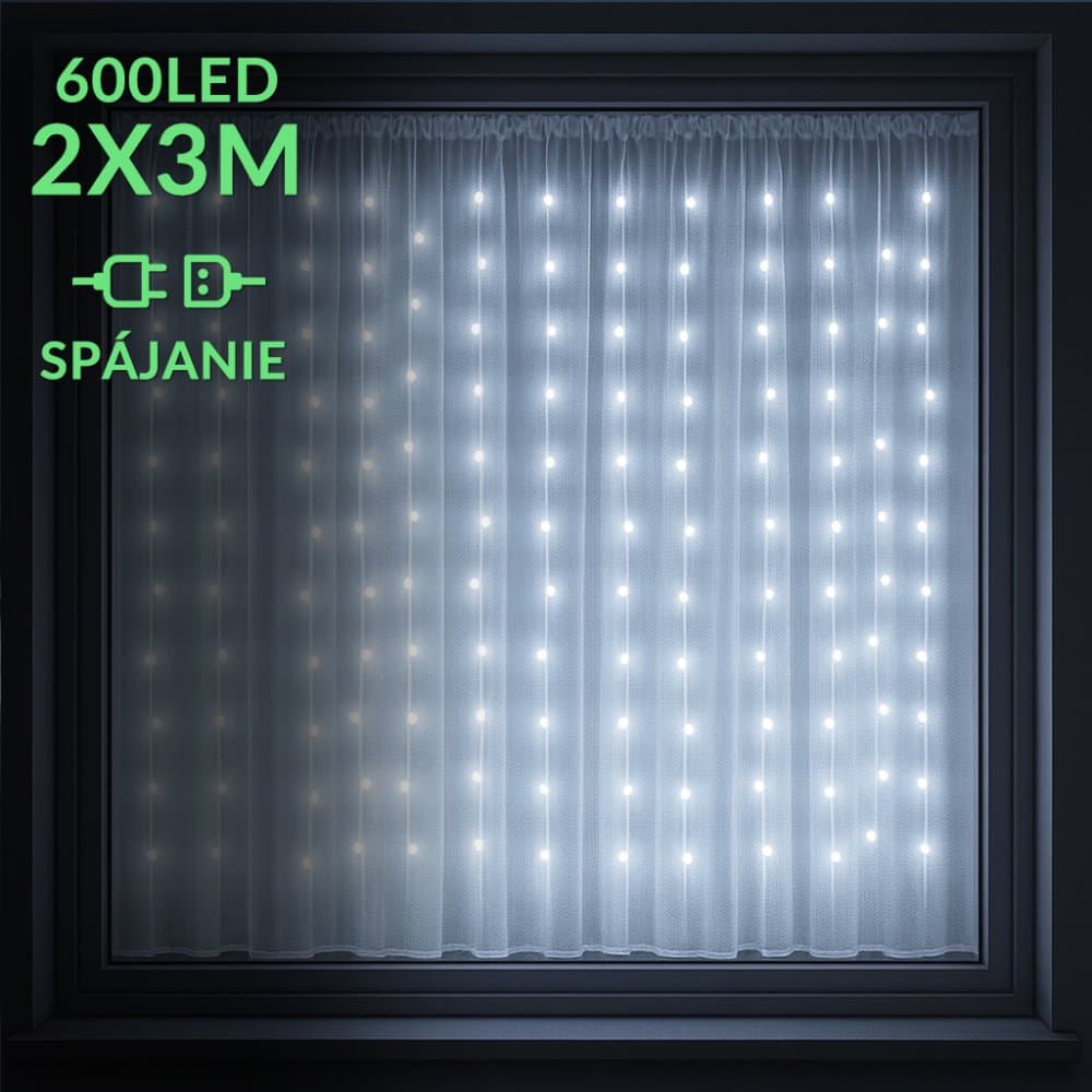 Vianočná led svetelná záclona na spájanie vonkajšia - záves - 600led - 2x3m studená biela