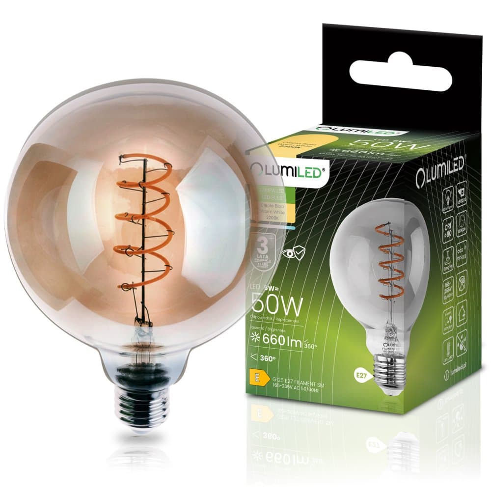 LED žiarovka E27 guľa G125 6W = 50W 660lm 2200K teplá 360° dymená filament LUMILED