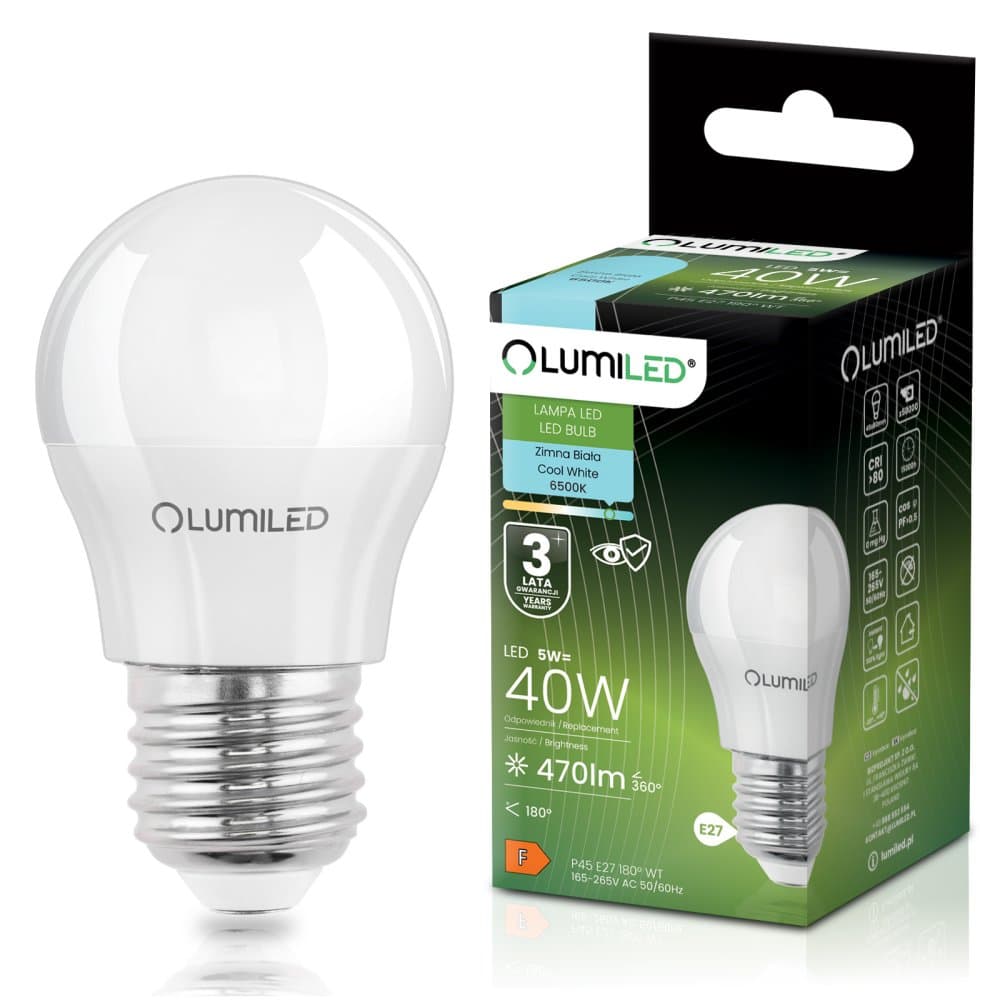 LED žiarovka E27 P40 5W = 40W 470lm 6500K Cold 180° LUMILED