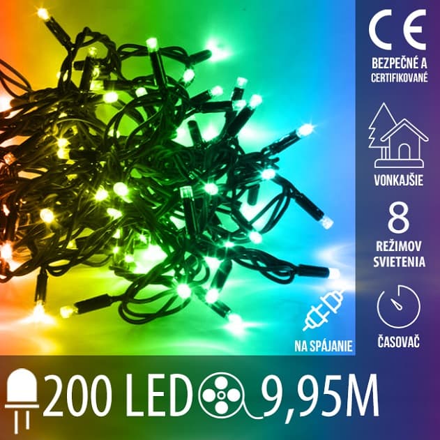 Vianočná led svetelná reťaz vonkajšia na spájanie s časovačom + programy - 200led - 9,95m multicolour
