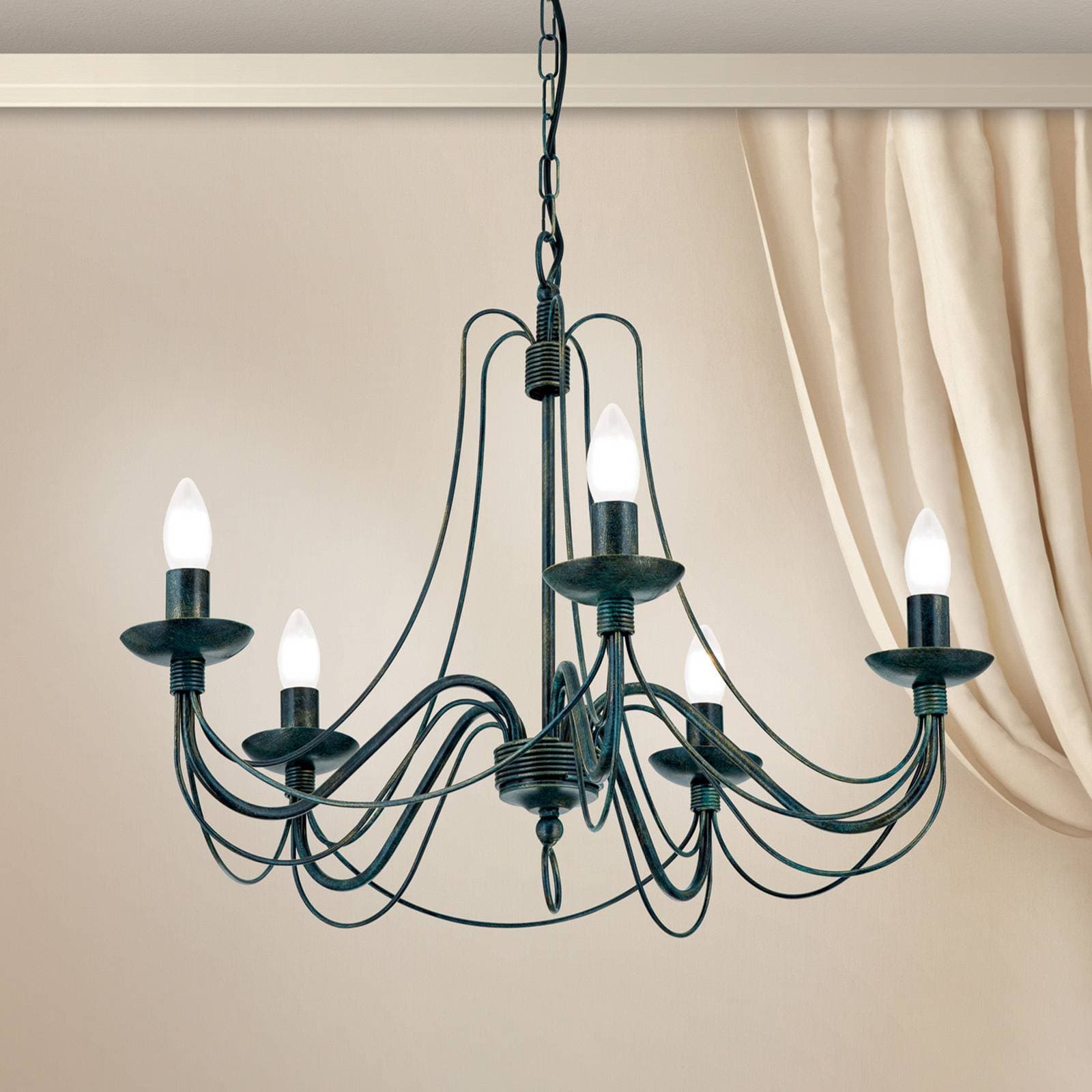Luster Vela, 5-plameňové, čierno-zelený antický
