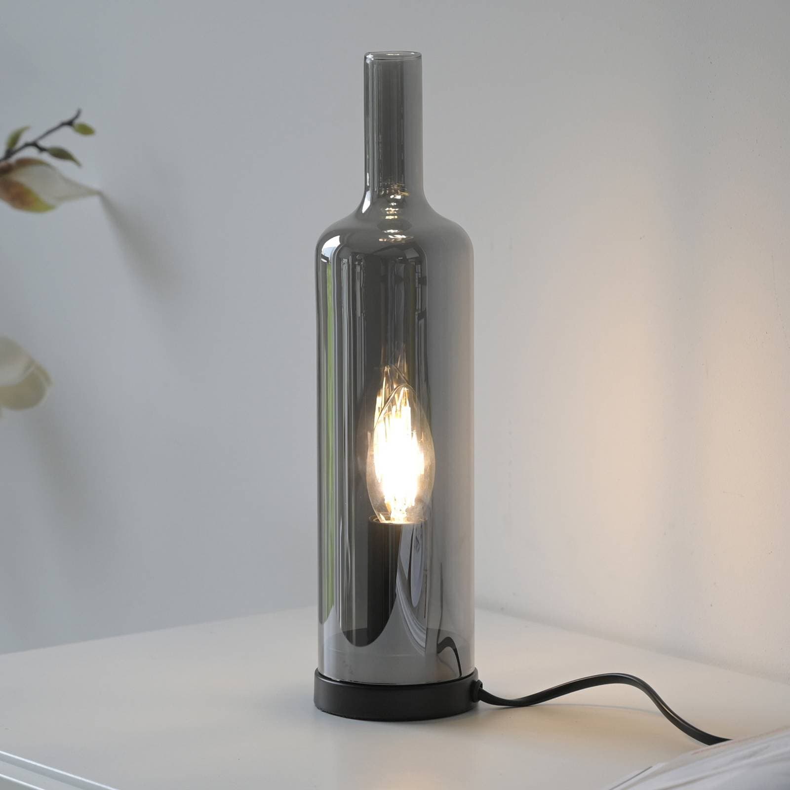 JUST LIGHT. stolová lampa Bottle, dymovo sivá, sklo, E14