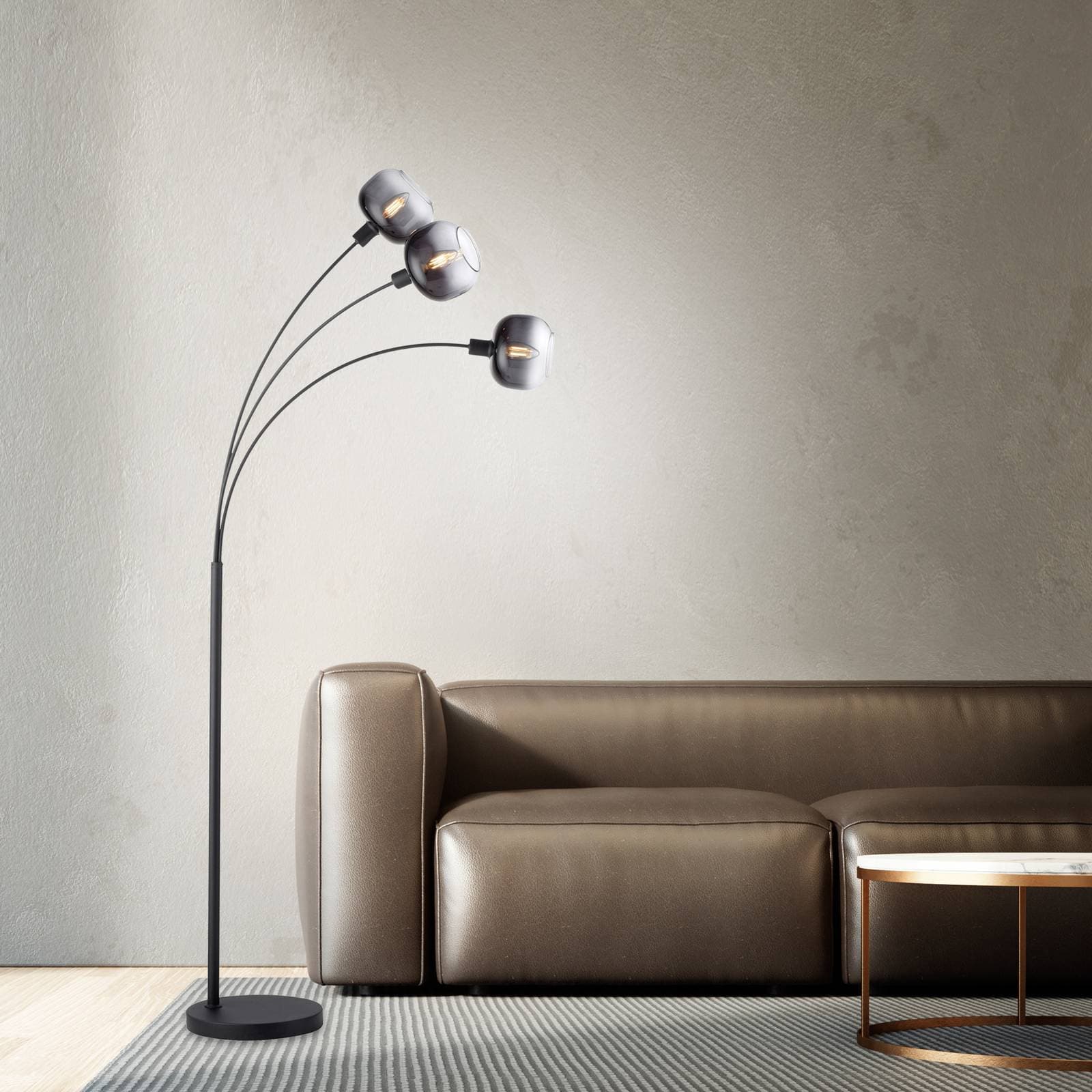 Stojacia lampa Zea, 3-pl., dymovo šedá/čierna, sklo, E14
