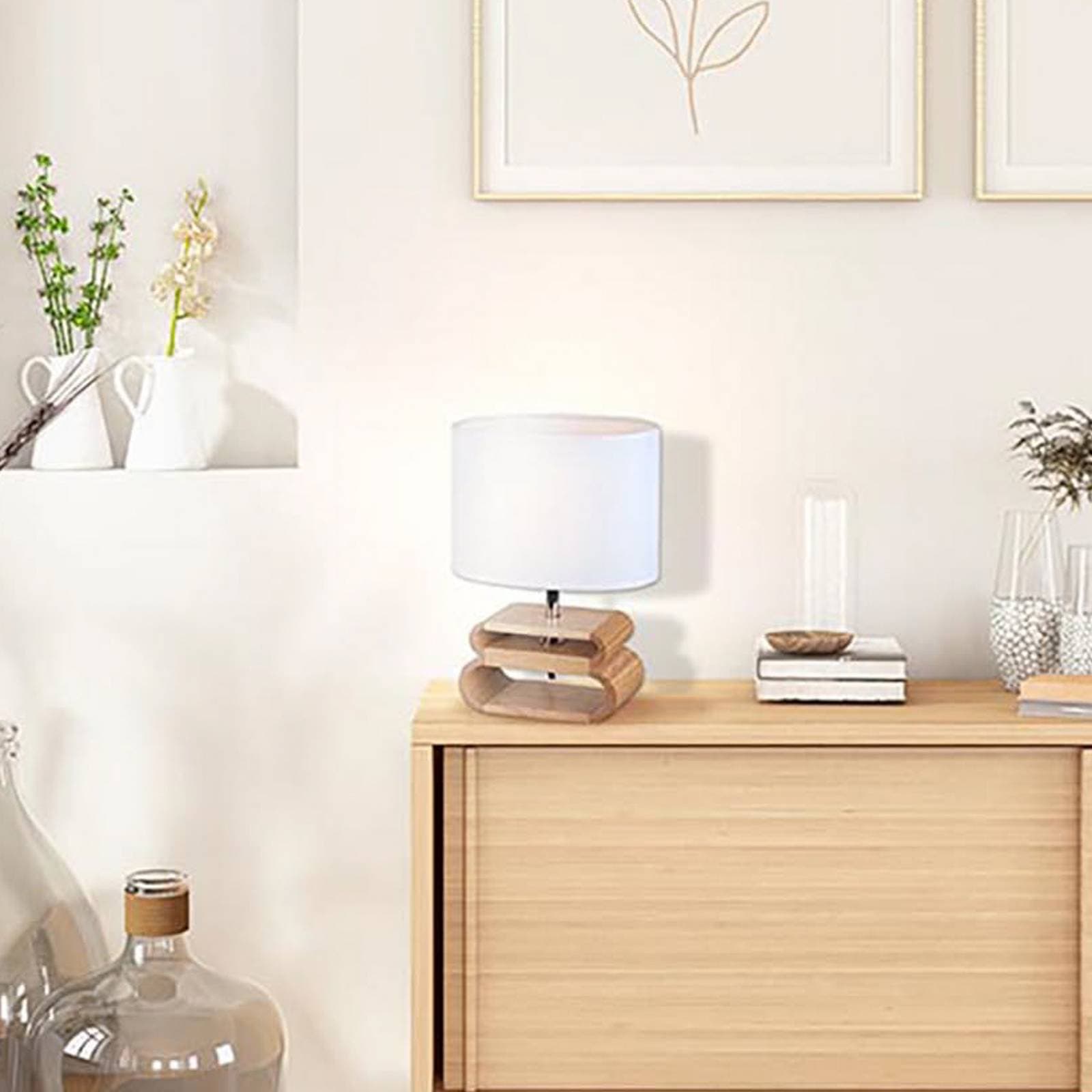 Stolová lampa Oslo, biela/svetlé drevo, výška 30 cm, ľan/drevo